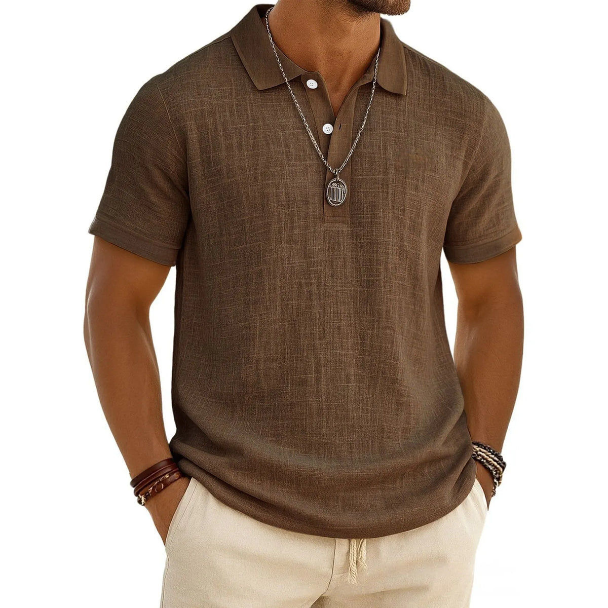 Men's Slub Cotton-Linen Casual Polo Shirt
