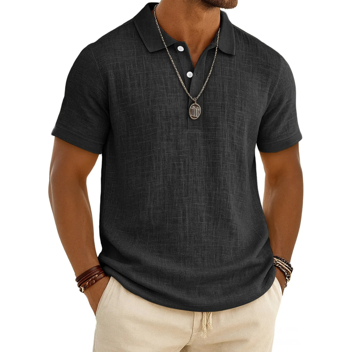 Men's Slub Cotton-Linen Casual Polo Shirt