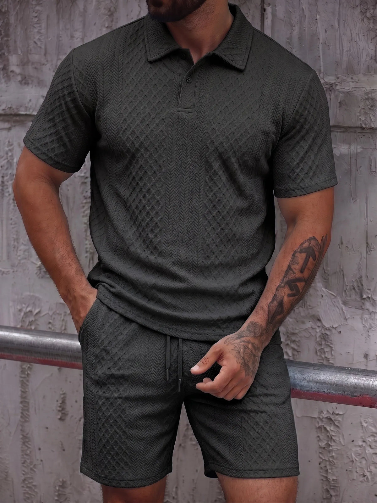 Textured Jacquard Polo Shirt and Shorts 2 Piece Set