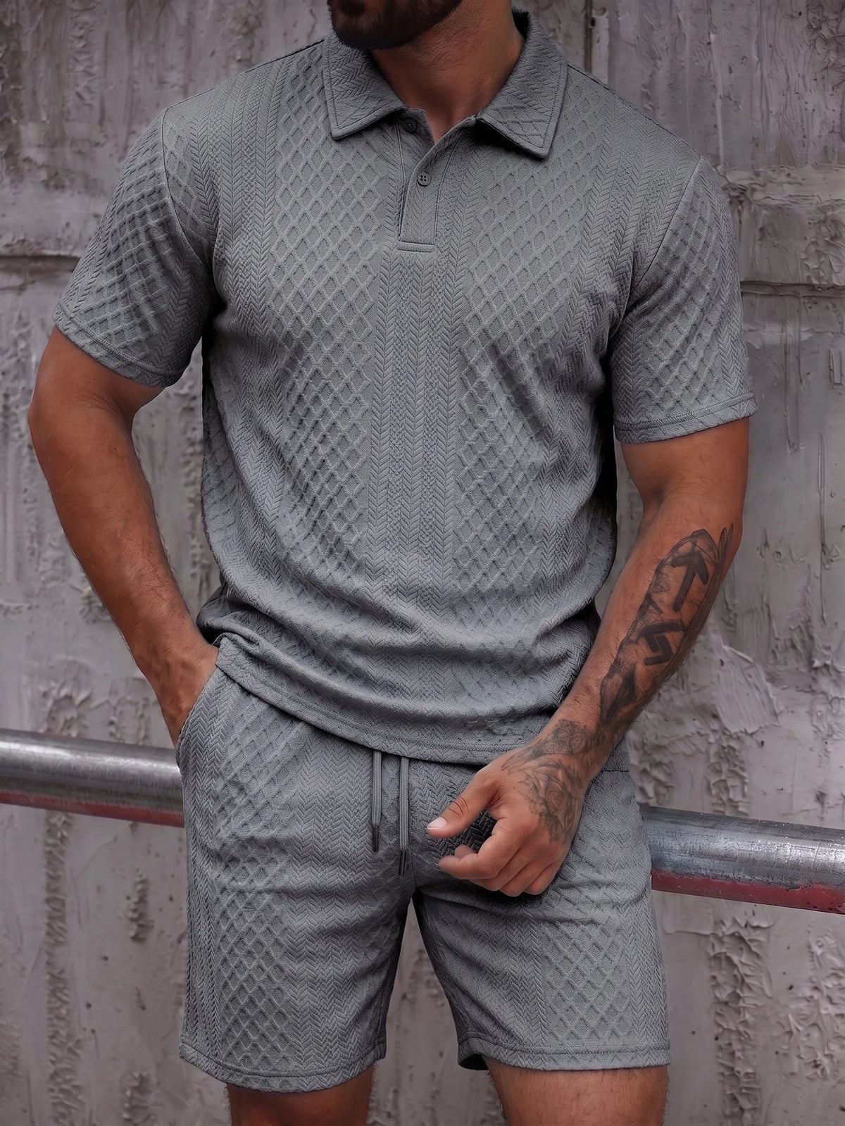 Textured Jacquard Polo Shirt and Shorts 2 Piece Set
