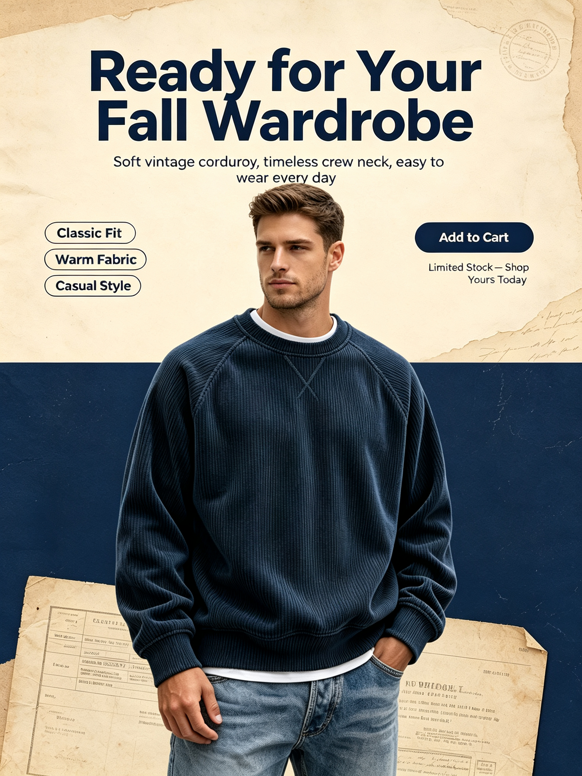 Vintage Corduroy Crew Neck Sweatshirt for Men | Soft Textured Casual Pullover(Buy 2 & Free Shipping)
