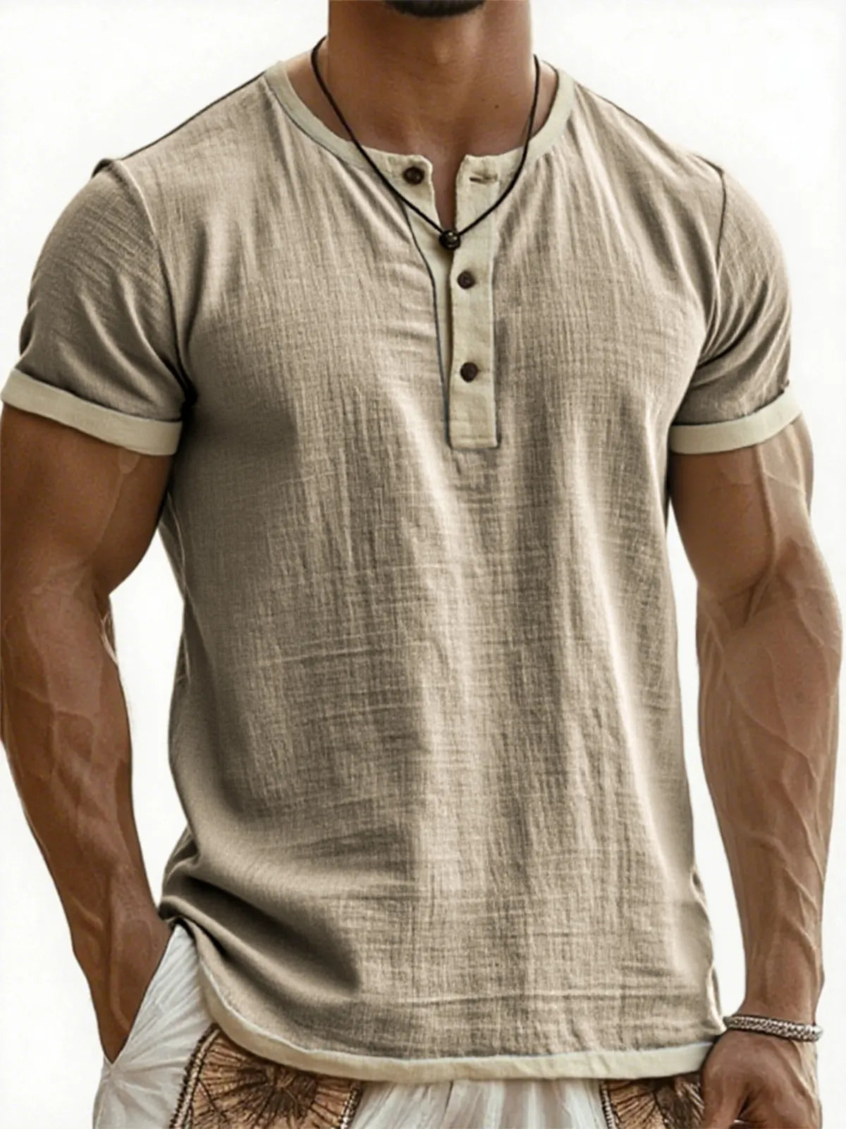 Men's Cotton Linen Casual Henley T-Shirt