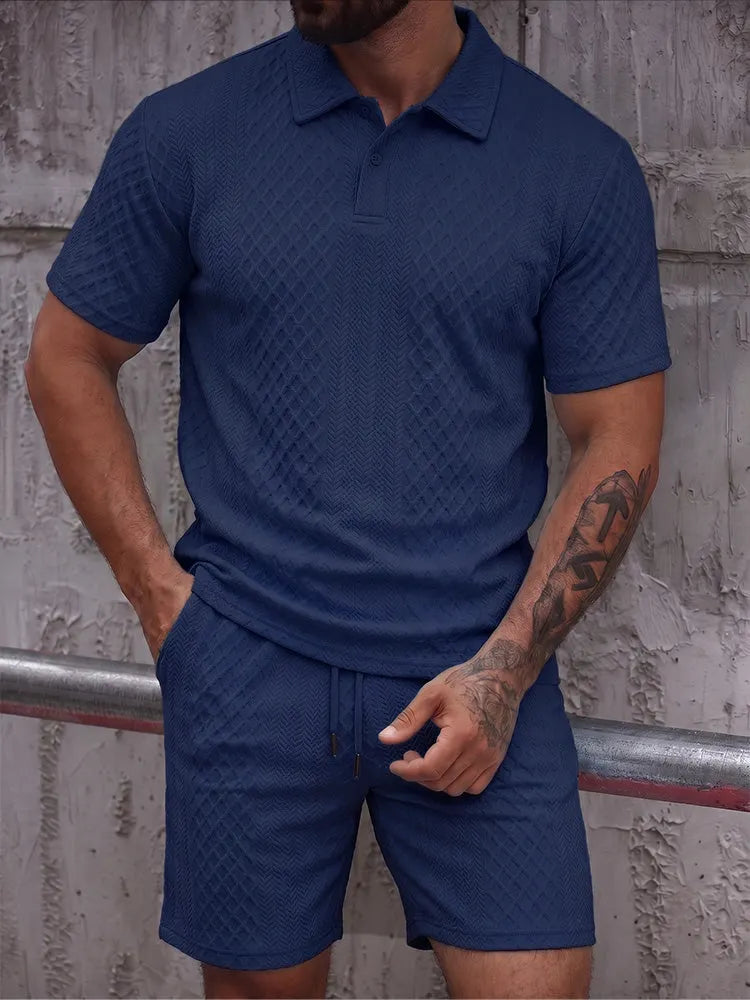 Textured Jacquard Polo Shirt and Shorts 2 Piece Set