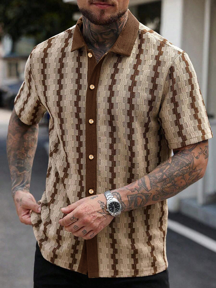 Cuban Collar Textured Stripe Short Sleeve Shirt